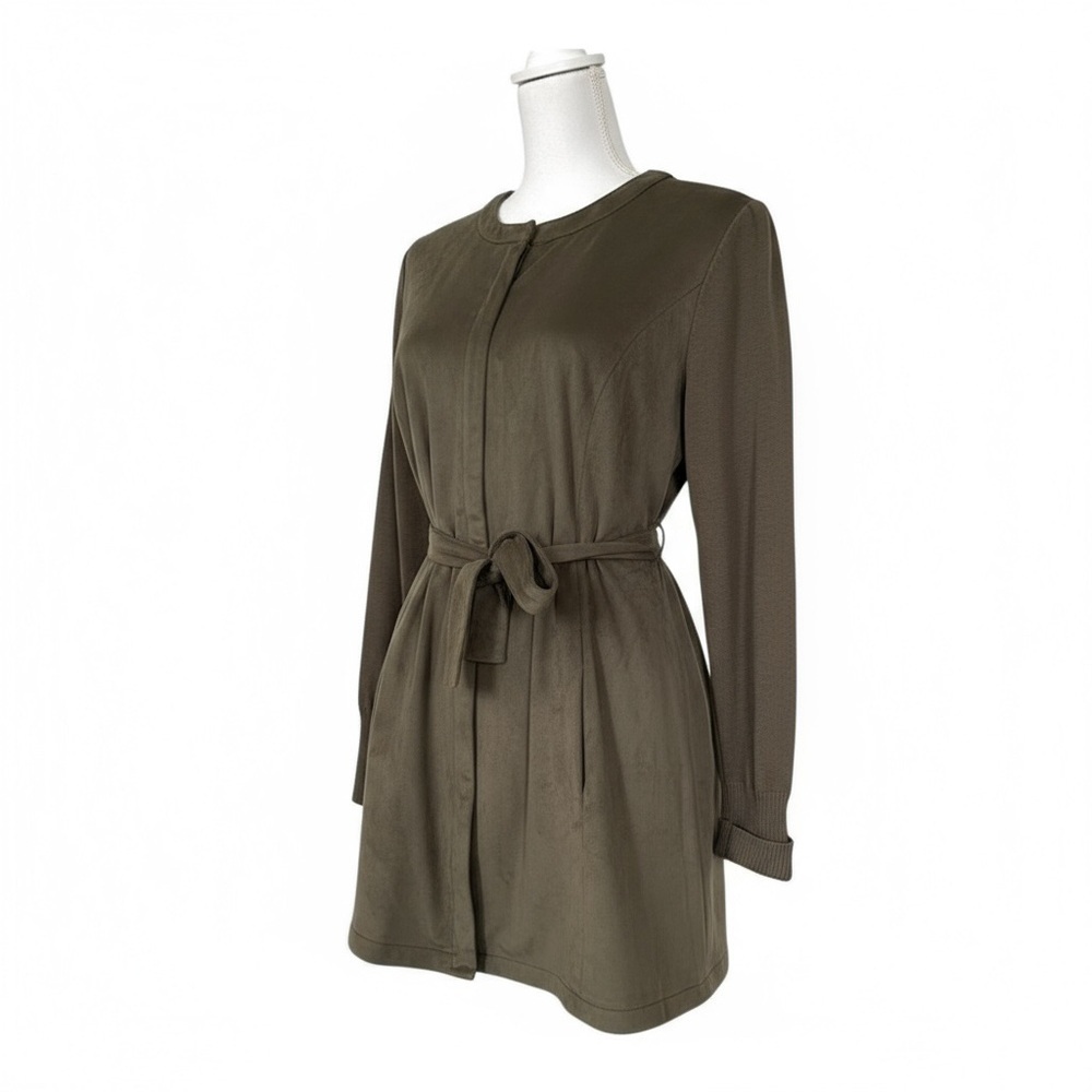 H by Halston‎ Olive Green Faux Suede Knit Sleeve Belted Collarless Jacket Size 8